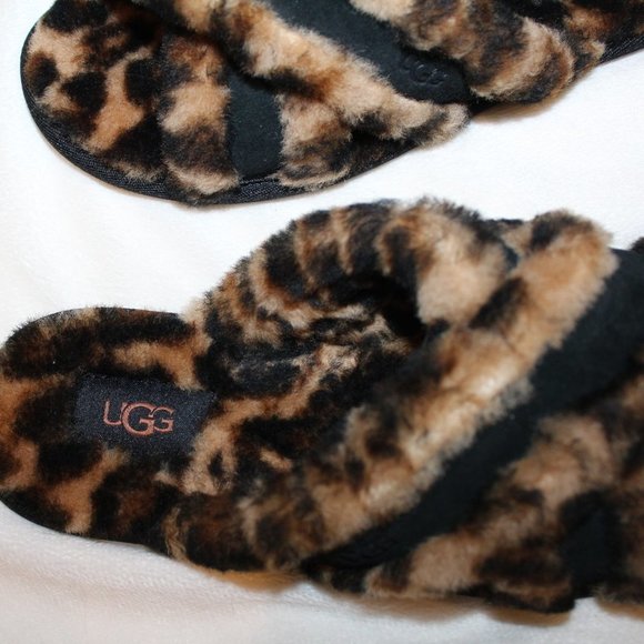 NIB UGG WOMEN'S PANTHER PRINT FUR SLIDE SLIPPER SANDALS BLACK BROWN - Picture 4 of 6